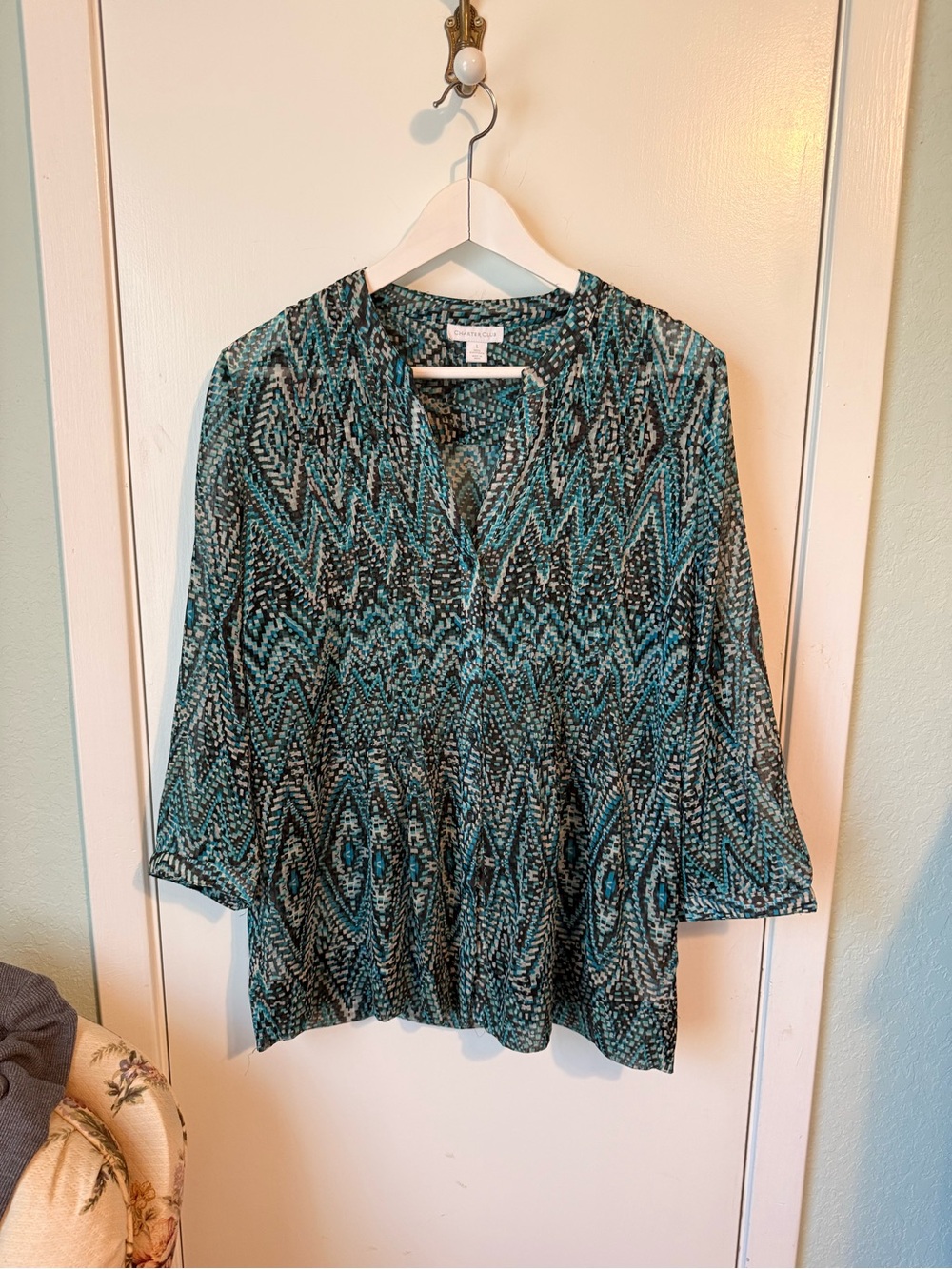 Charter Club Teal and Black Zigzag V-Neck Tunic